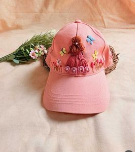 Hand-Embroidered Pink Cap with Doll Design