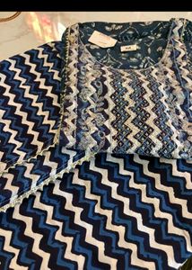 Blue Chevron Print Kurta Set