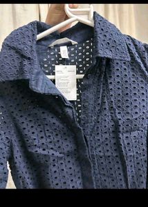 H&amp;M Navy Broderie Midi Dress