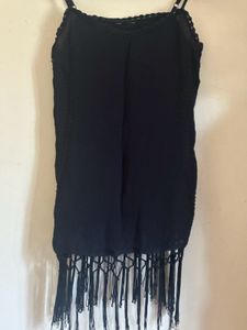 MNG- Black sleeveless top with fringe hem.-