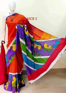 New Vibrant Orange Batik Painted cotton Saree with