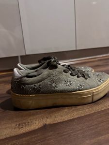 Green Embellished Sneakers with Ribbon Laces