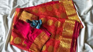 Vibrant Red Silk Saree with Gold Border