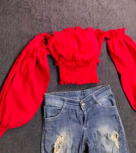 Red Off-Shoulder Crop Top with Puff Sleeves