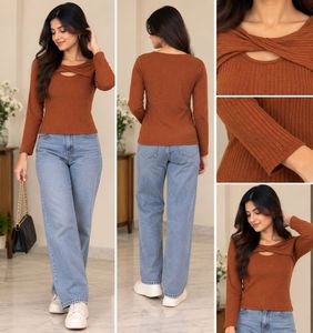 Ribbed Twist Neck Long Sleeve Top