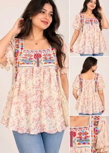 Boho Embroidered Floral Blouse Size M-L 36"-38"
