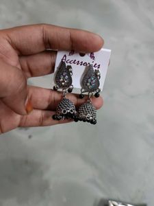 Oxidised peacock 🦚Jhumka with black beadsEarrings