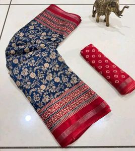 Blue Floral Print Saree with Red Border