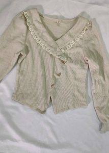 Cream Corduroy Lace Trim Blouse