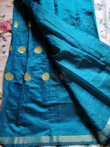 Teal Blue Saree with Gold Polka Dots