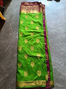 Vibrant Green Saree with Rich Border &amp;ready Blouse