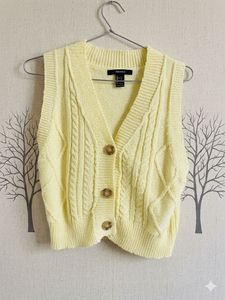 Yellow Cable Knit Button-Up Vest