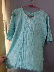 Sky Blue Printed Kurti with Lace Detail