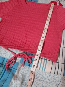 Rose Pink Cable Knit Cropped Top Tee with Strings