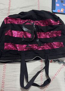 Sparkly Black  Bag with Pink Stripes