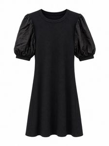 Black Puff Sleeve Ribbed Dress