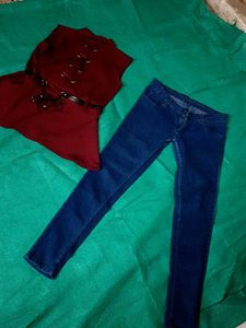 Chic Burgundy Top and Blue Jeans Set