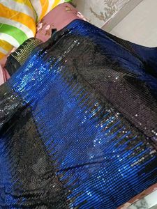 Sparkling Blue &amp; Black Sequins Saree for Wedding