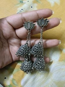 Bohemian Silver Lotus Jhumka Earrings