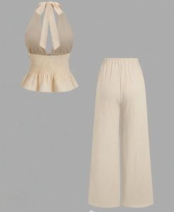 Boho Halter Neck Crop Top &amp; Wide Leg Pants Set