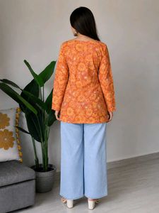 Orange Floral Print Kurta_XXL