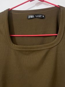Zara Brown Ribbed Square Neck Tee