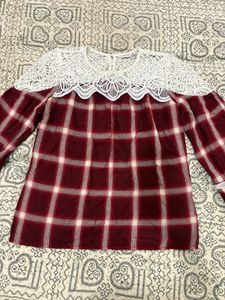 Women's Plaid Lace Neck Top