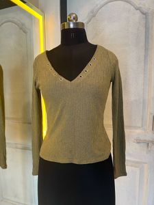 Ribbed V-Neck Top with Eyelet Detail