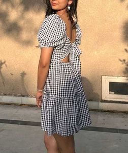 Blue Gingham Puff Sleeve Dress