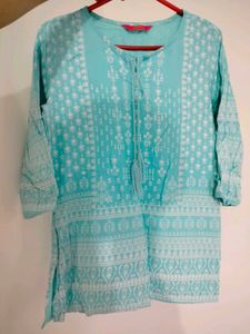 Blue Printed Tassel Neck Kurta