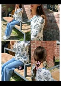 Cream &amp; Blue Floral Print Kurta