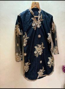 Embellished Black Kurta set with Net Sleeves