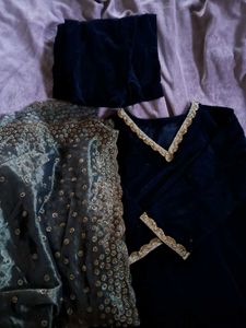 Elegant Navy Velvet Kurta Set with Dupatta