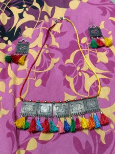 Oxidised Tassel Necklace and Earring Set