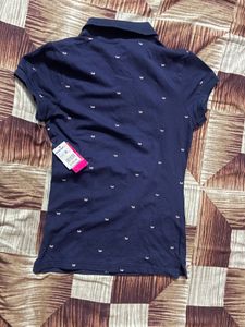 Navy Blue Polo Shirt with White Butterfly Print