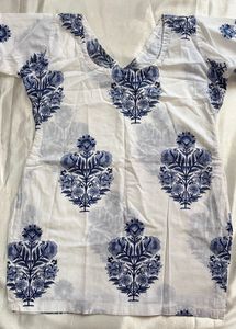 White Kurta with Blue Floral Print