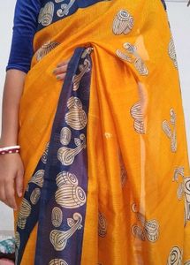 Printed Orange &amp; Blue Saree