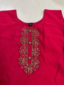 Vibrant Pink Kurta Set with Yellow Dupatta
