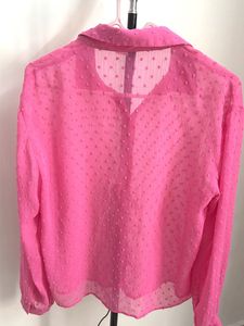 Vibrant Pink Sheer Polka Dot Blouse