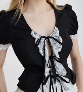 Chic Black Lace-Up Puff Sleeve Top