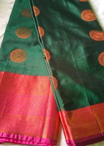 Bottlegreen Pure Silk Saree+Gold Peacock motifs