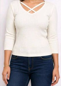 Cream Ribbed Criss-Cross Neck Top