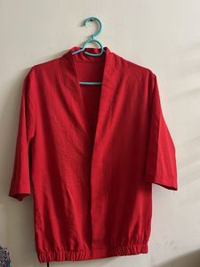 Red Kimono Style Open Top With Button Closure