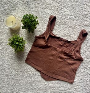 Brown Ribbed Square Neck Tank Top