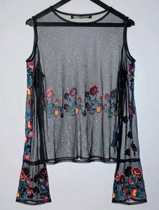 Embroidered Cold Shoulder Mesh Top