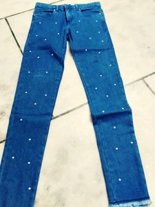 Blue Denim Jeans with White Polka Dots