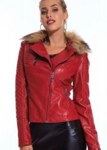 Red Quilted Faux Leather Jacket with Fur Collar