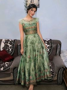 Elegant Green Floral Print Gown
