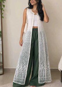 Elegant White Net Kurta with Green Palazzo