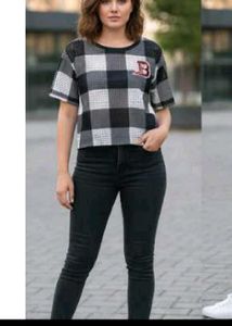 Trendy Plaid Crop Top with Logo Detail
